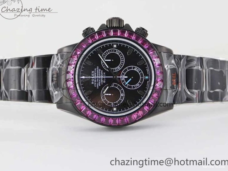 0223 Daytona All Black PVD TWF Best Edition Purple Diamonds Bezel Black Dial on PVD Bracelet SA Lightweight 2446